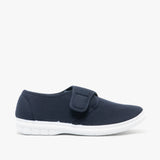Scimitar ELIOT Mens Padded Casual Velcro Shoes Navy Blue Denim side view with adjustable strap and flat sole.