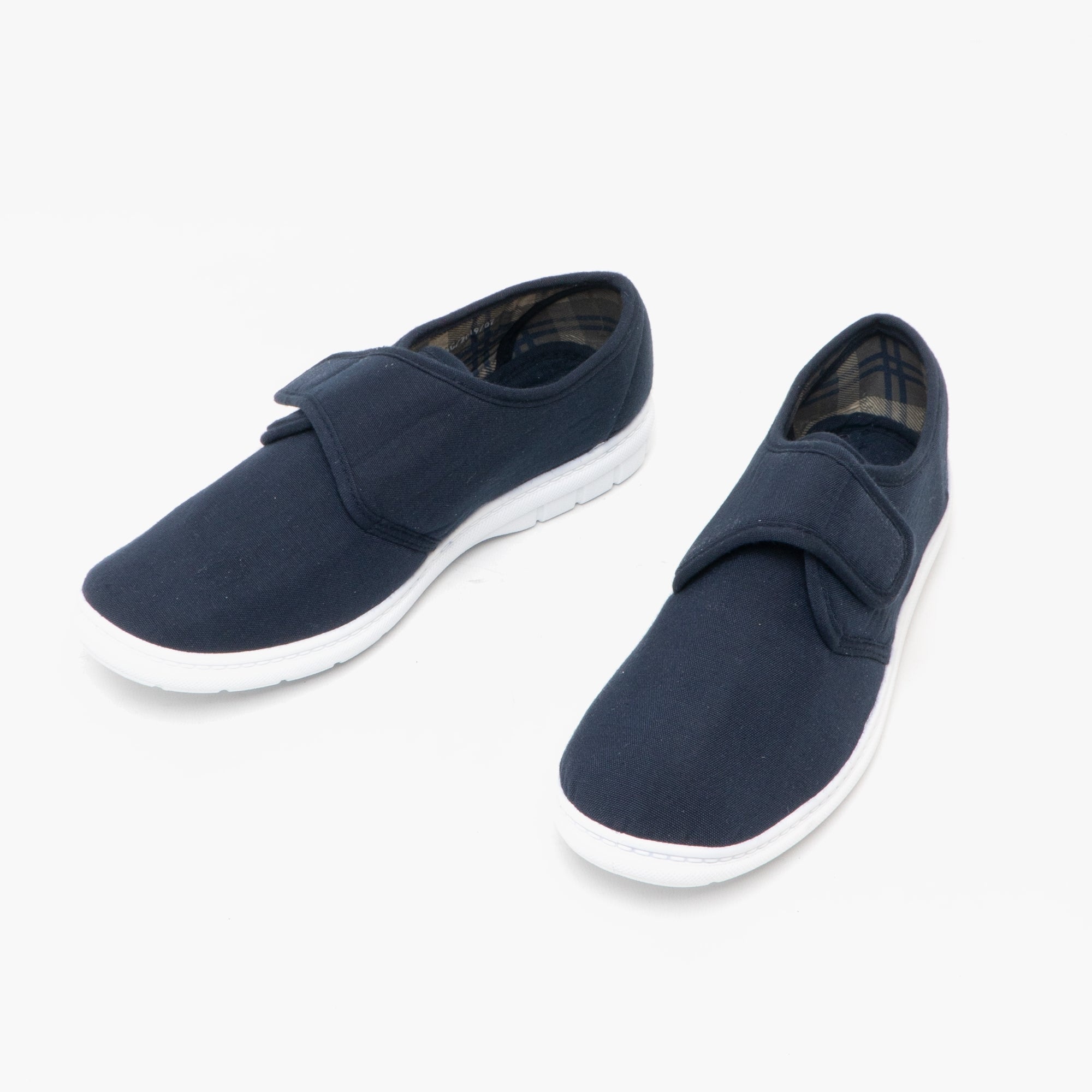 Scimitar ELIOT Mens Padded Casual Velcro Shoes Navy Blue Denim side view, showing adjustable strap and round toe design.