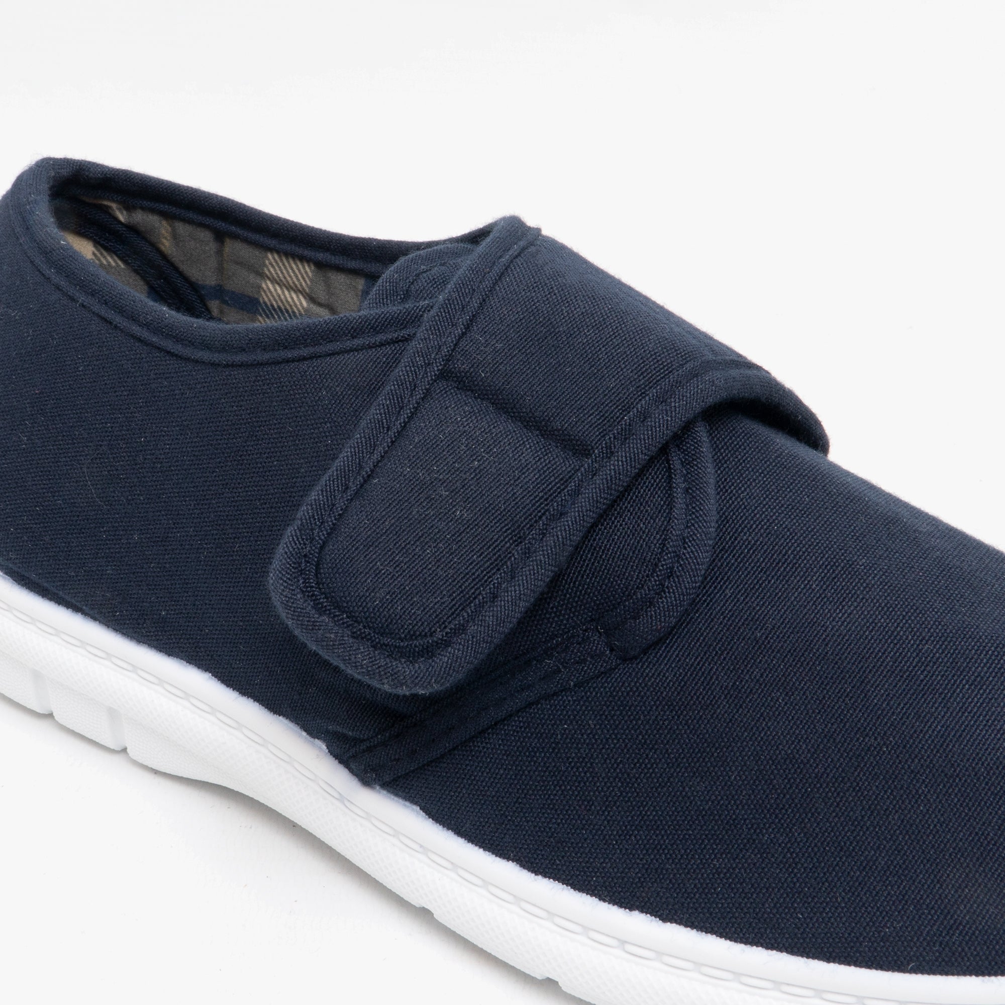 Scimitar ELIOT Mens Padded Casual Velcro Shoes Navy Blue Denim side view with adjustable strap