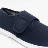 Scimitar ELIOT Mens Padded Casual Velcro Shoes Navy Blue Denim side view with adjustable strap