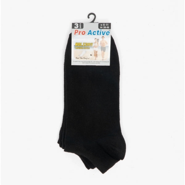 Shuperb Mens 3 Pack Of Trainer Socks Black: One Size, side view showing packaging and sock design.