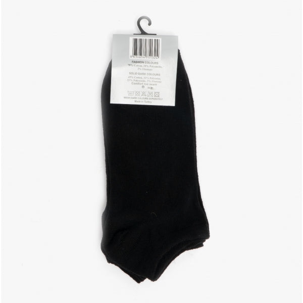 Shuperb Mens 3 Pack Of Trainer Socks Black: One Size front view showing black crew socks with packaging.
