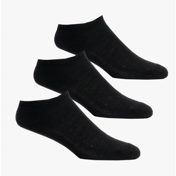 Shuperb Mens 3 Pack Of Trainer Socks Black: One Size side view showcasing three pairs of black crew socks.
