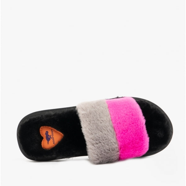 Rocket Dog STRATUS WINETTE Womens Faux Fur Slide Sandals Grey/Pink/Black