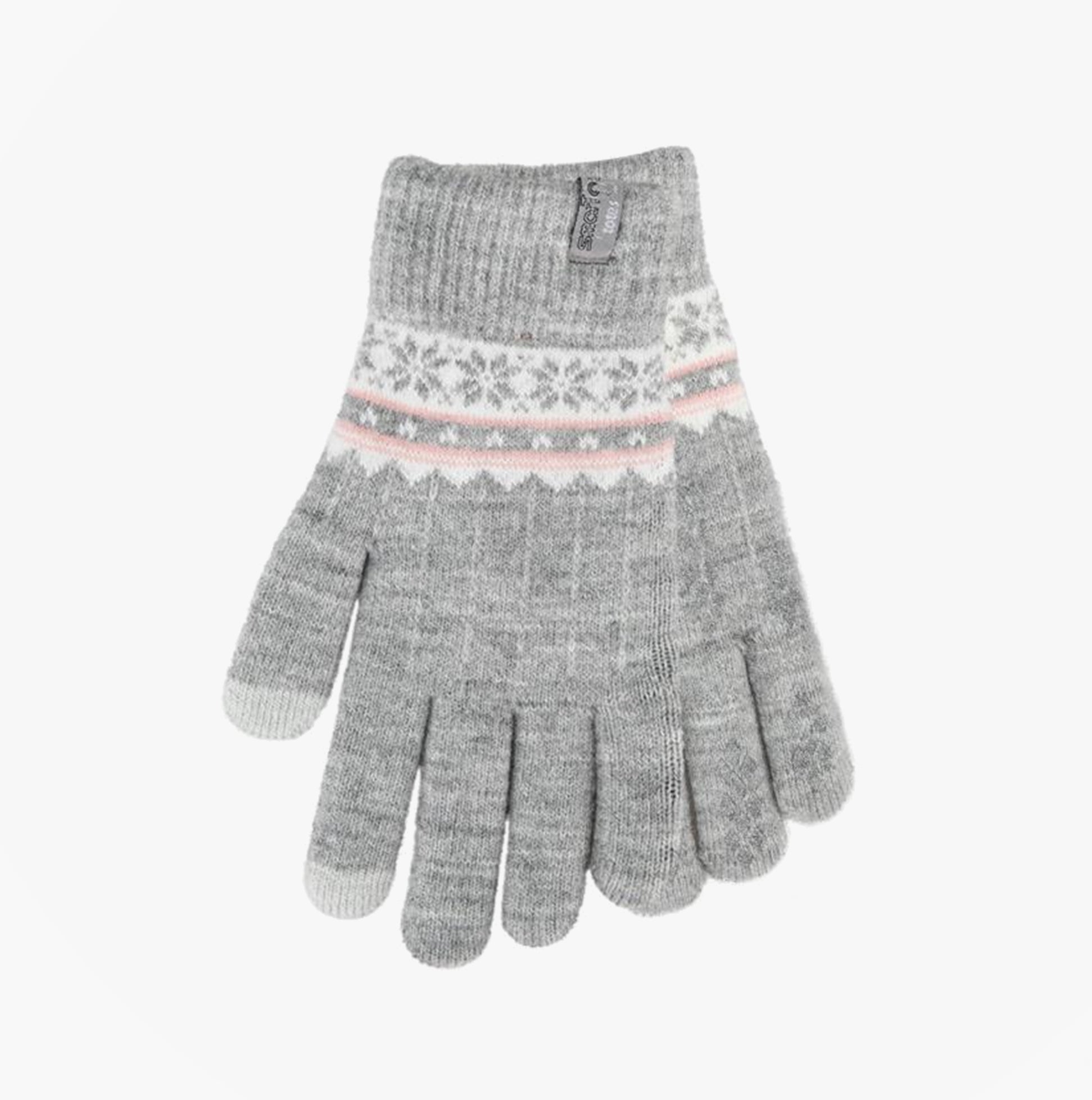 STRETCH KNITTED Womens Touchscreen Gloves Grey Fair Isle