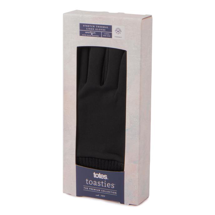 Totes Toasties PREMIUM STRETCH THERMAL LINED Touchscreen Gloves Womens Black in packaging, front view.