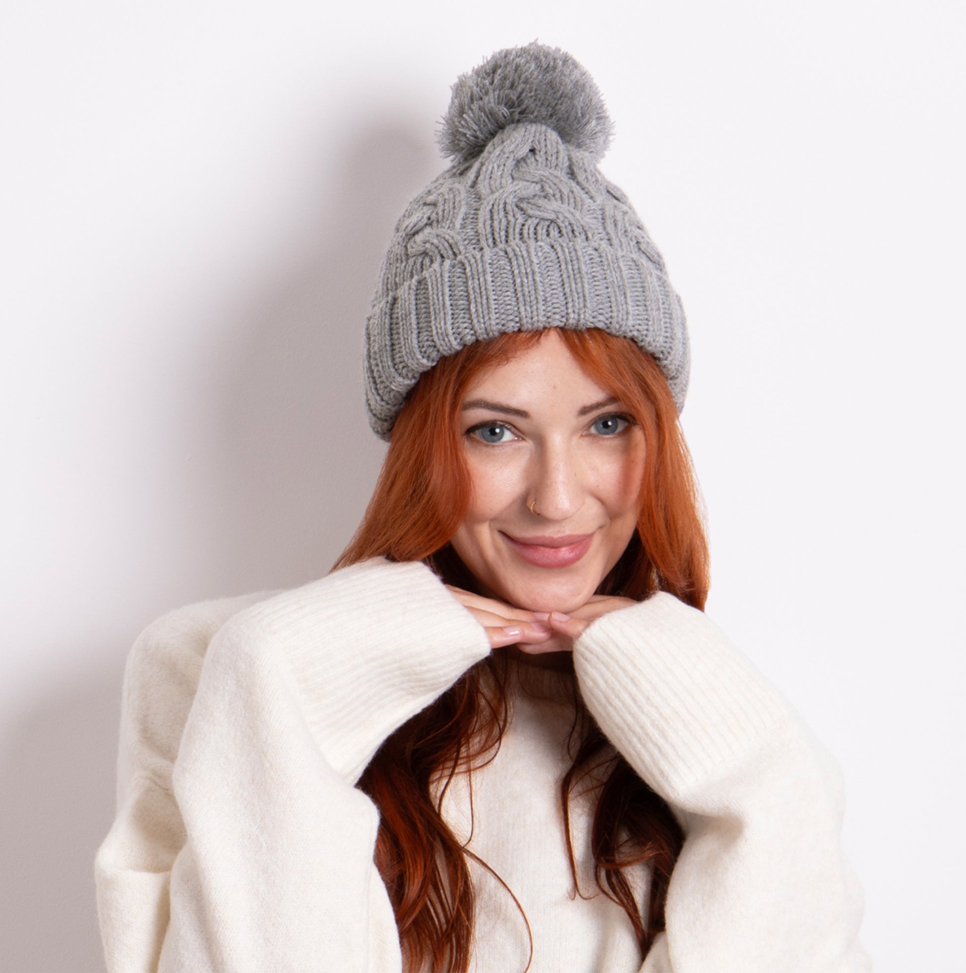 CABLE KNIT Hat with Pom Pom Womens Bobble Grey