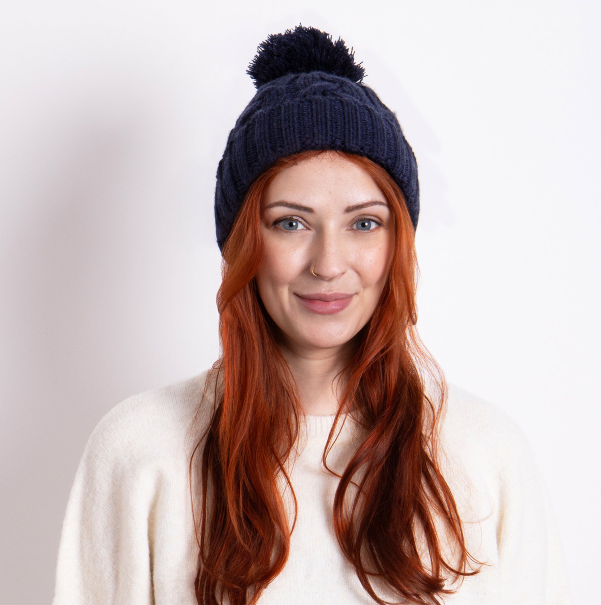CABLE KNIT Hat with Pom Pom Womens Bobble Navy
