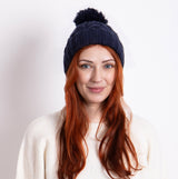 CABLE KNIT Hat with Pom Pom Womens Bobble Navy