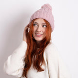 CABLE KNIT Hat with Pom Pom Womens Bobble Pink