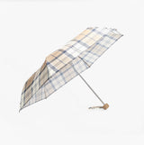 Barbour PORTREE Umbrella Hessian Navy Tartan side view showing check pattern and wooden handle.