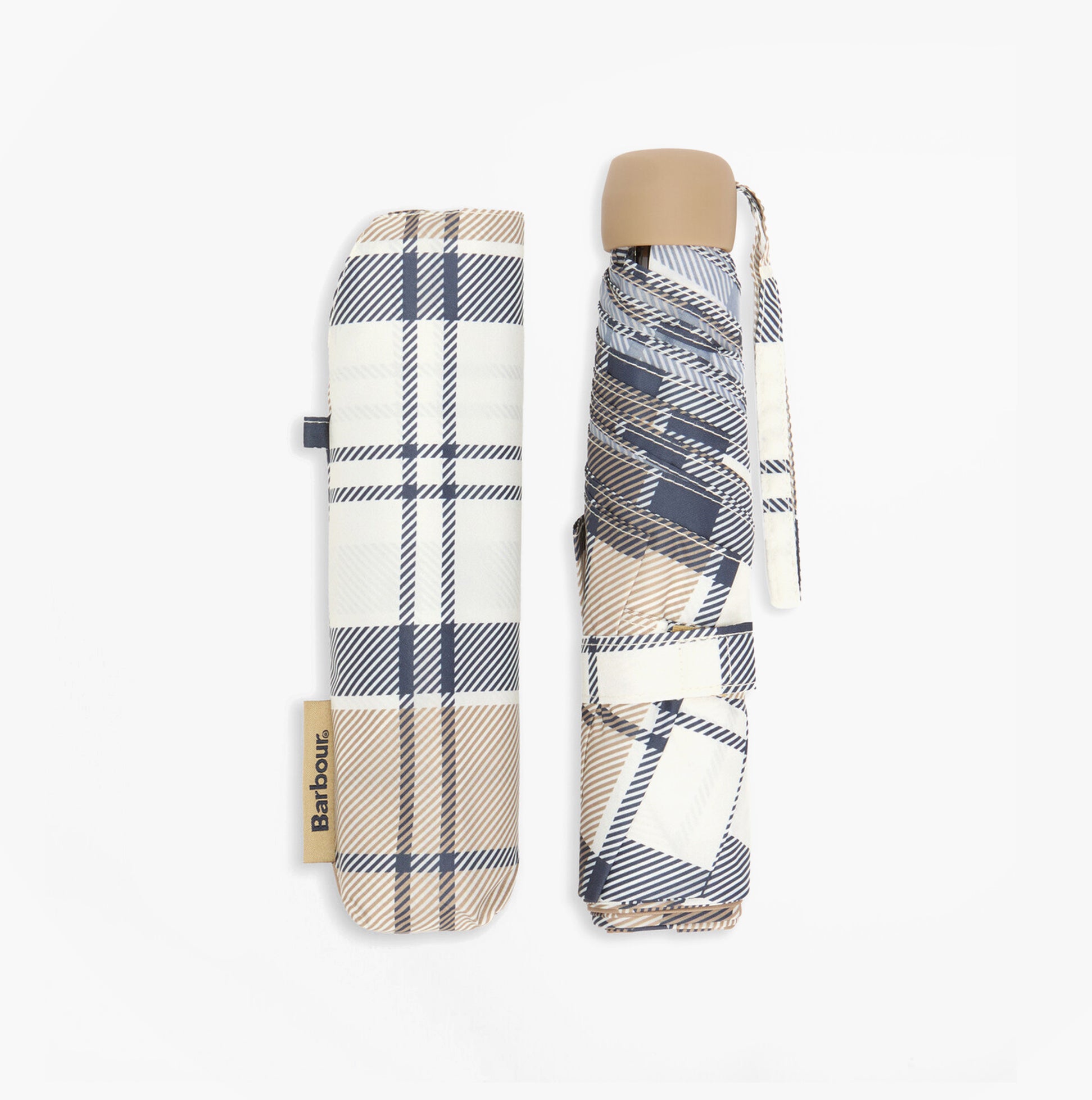 Barbour PORTREE Umbrella Hessian Navy Tartan, side view showing folded umbrella and sleeve, stylish tartan design in hessian.