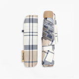 Barbour PORTREE Umbrella Hessian Navy Tartan, side view showing folded umbrella and sleeve, stylish tartan design in hessian.