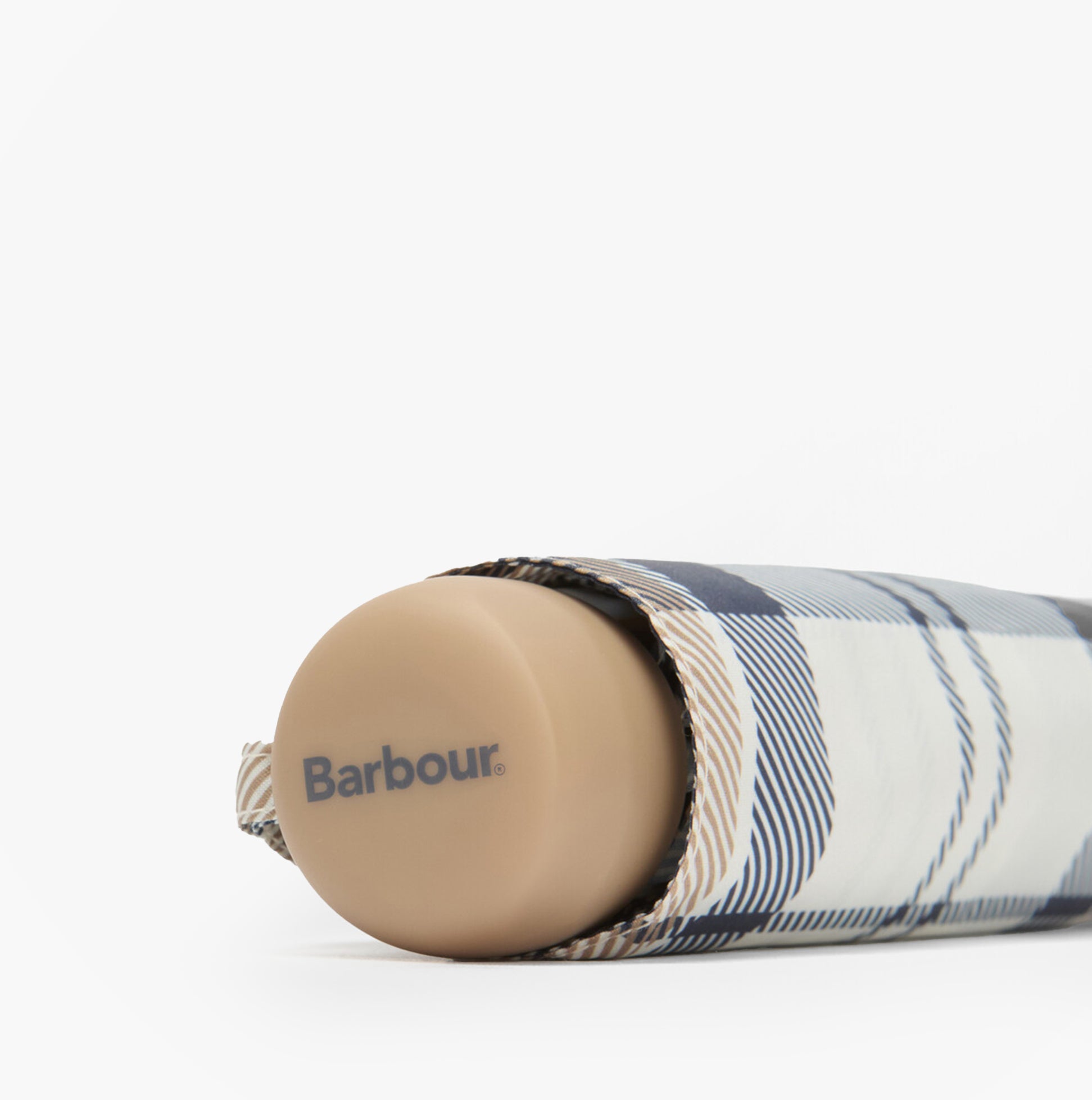 Barbour PORTREE Umbrella Hessian Navy Tartan detail view of handle with plaid cover design.