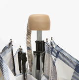 Barbour PORTREE Umbrella Hessian Navy Tartan close-up view of the umbrella handle and interior structure.