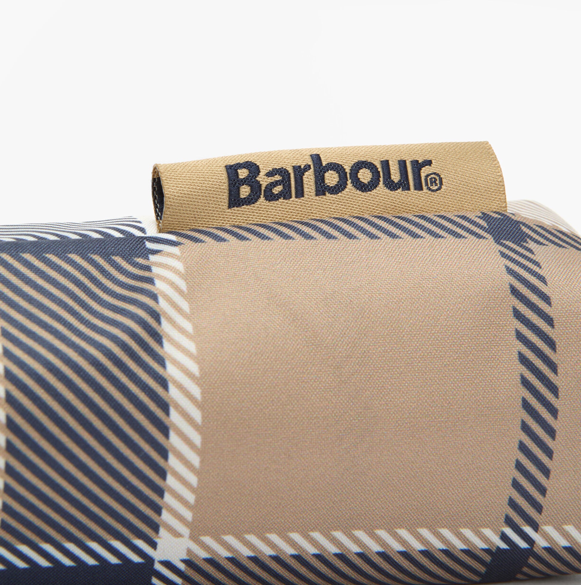 Barbour PORTREE Umbrella Hessian Navy Tartan detail view showing the fabric pattern and brand tag.