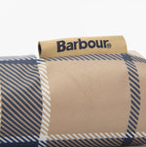 Barbour PORTREE Umbrella Hessian Navy Tartan detail view showing the fabric pattern and brand tag.