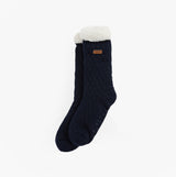 Barbour CABLE KNIT LOUNGE SOCKS Womens Socks Navy side view showing plush lining and cable knit texture.