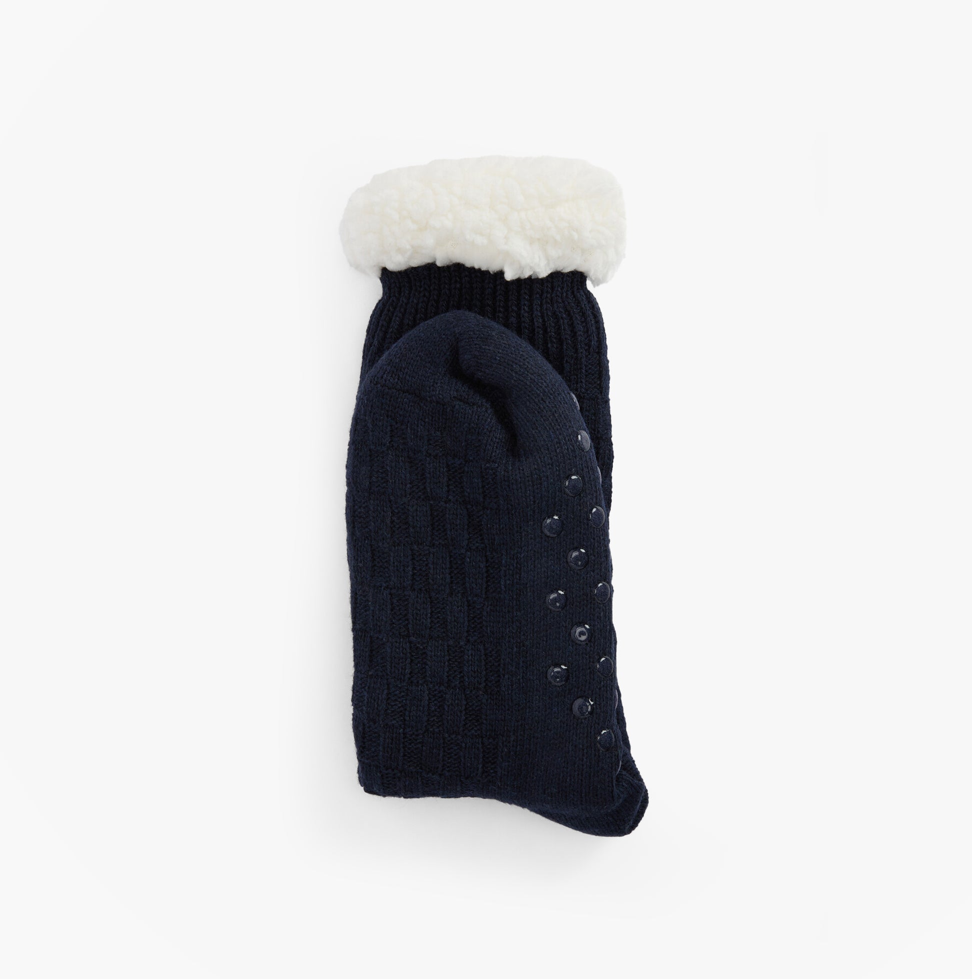 Barbour CABLE KNIT LOUNGE SOCKS Womens Socks Navy top view with faux fur lining and textured knit detail.