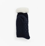 Barbour CABLE KNIT LOUNGE SOCKS Womens Socks Navy top view with faux fur lining and textured knit detail.