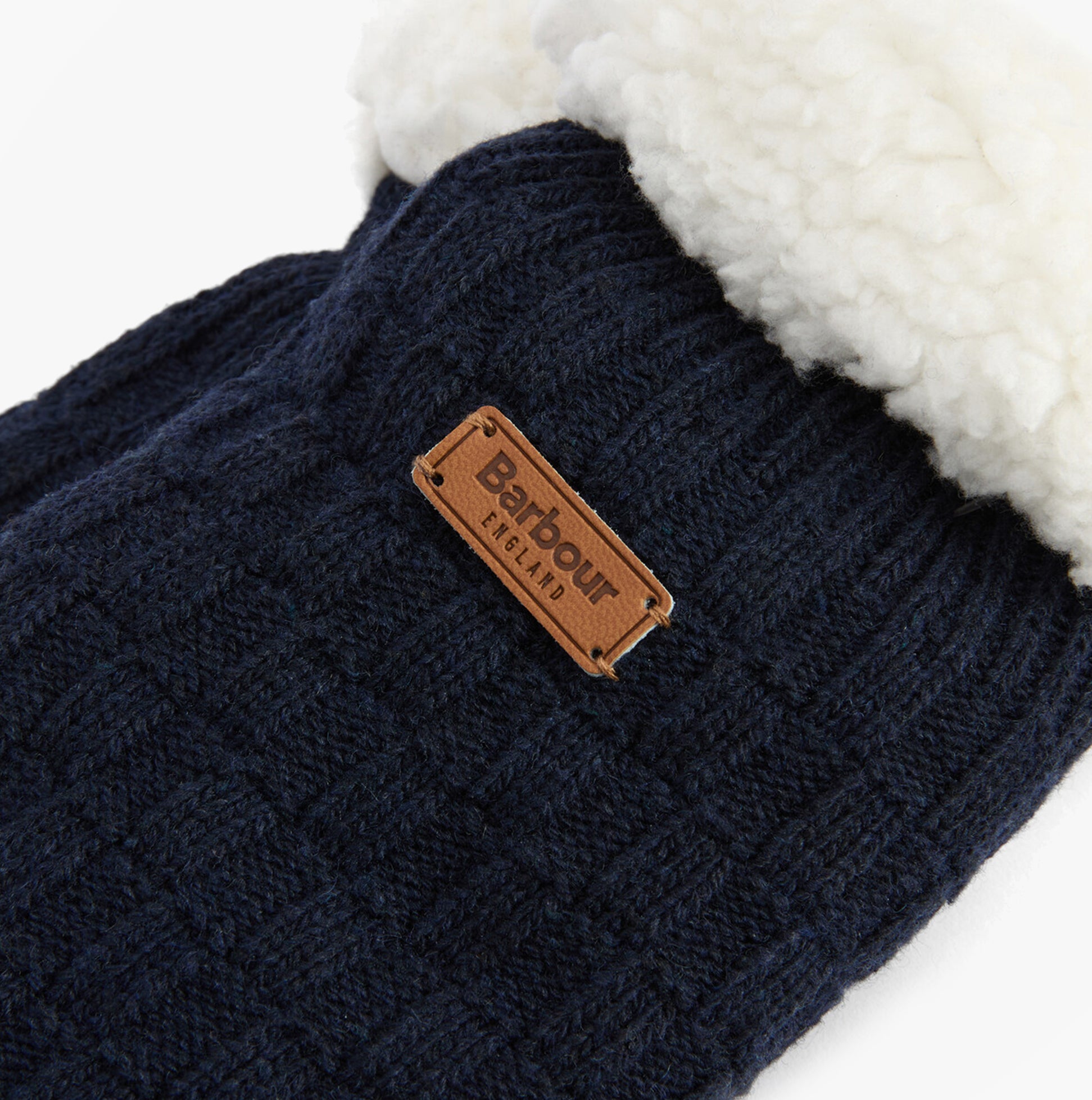 Barbour CABLE KNIT LOUNGE SOCKS Womens Socks Navy detail view showcasing logo and texture.