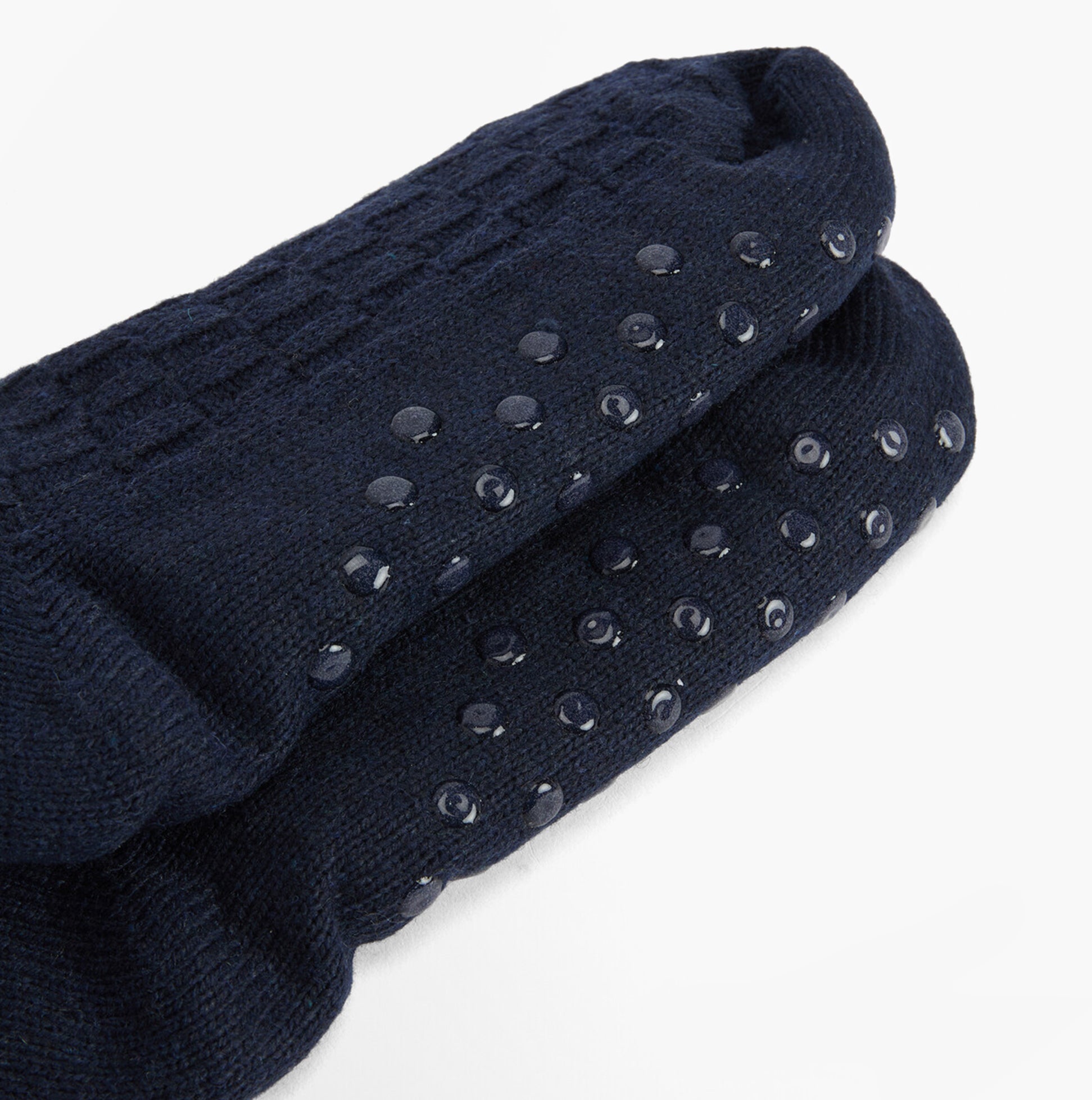 Barbour CABLE KNIT LOUNGE SOCKS Womens Socks Navy top view showing texture and non-slip sole.