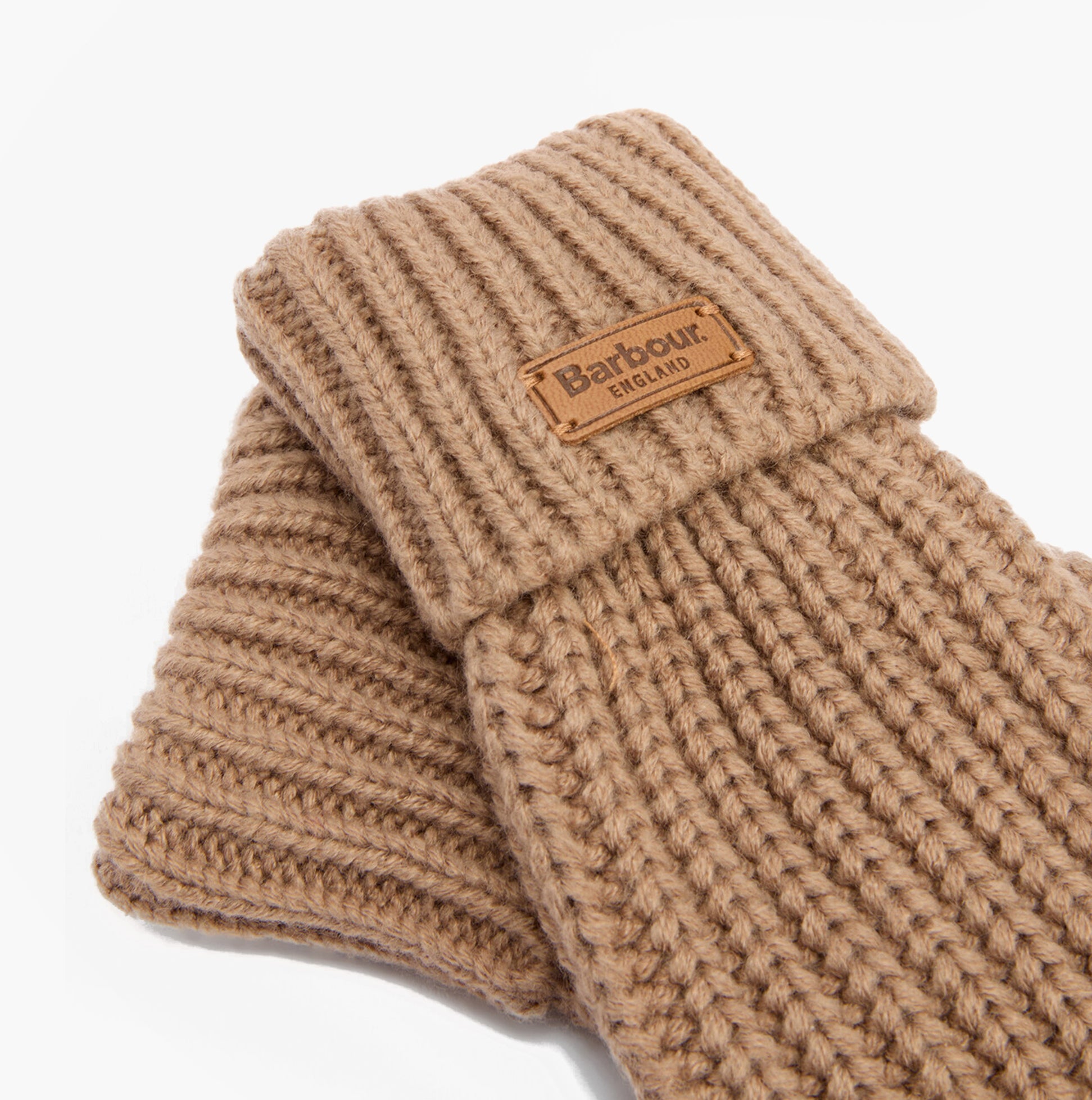 Barbour SALTBURN KNITTED Womens Gloves Mink - detail view showing textured knit and brand label.