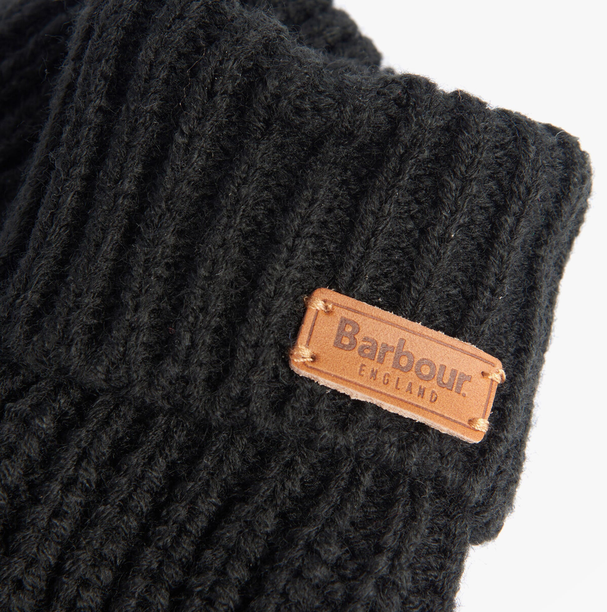 Barbour SALTBURN KNITTED Womens Gloves Black detail view showing label and texture.
