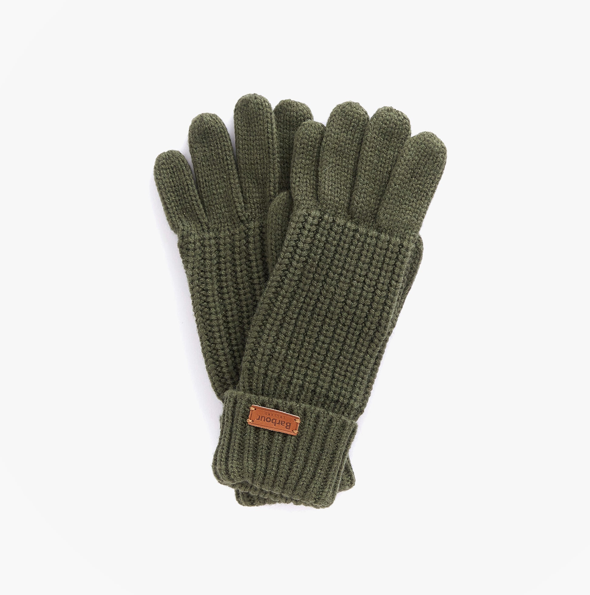 Barbour SALTBURN KNITTED Womens Gloves Olive front view, 100% acrylic gloves in olive green.