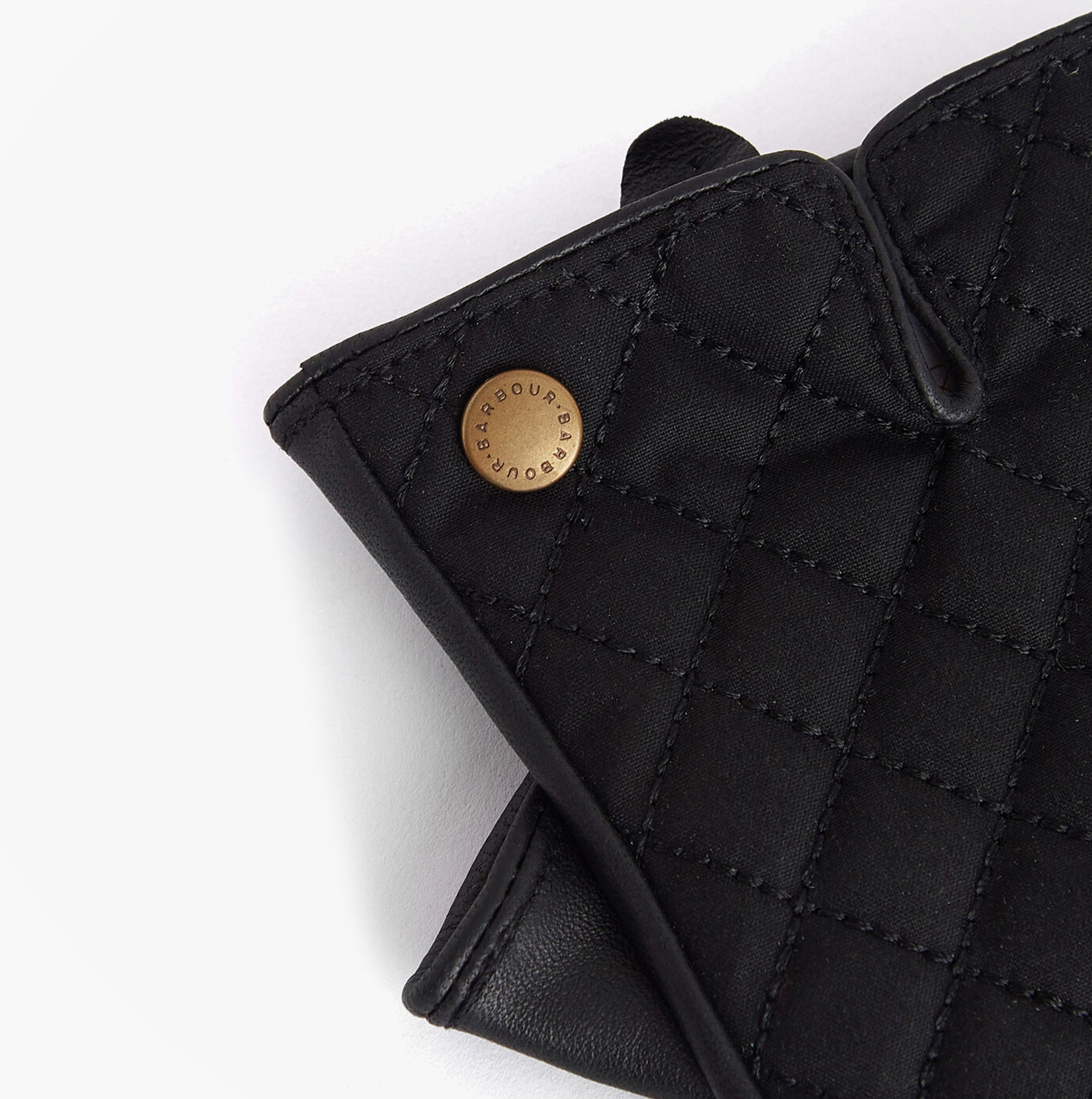 Barbour SCARLET Womens Touchscreen Gloves Black detail view featuring quilted pattern and branded rivet.