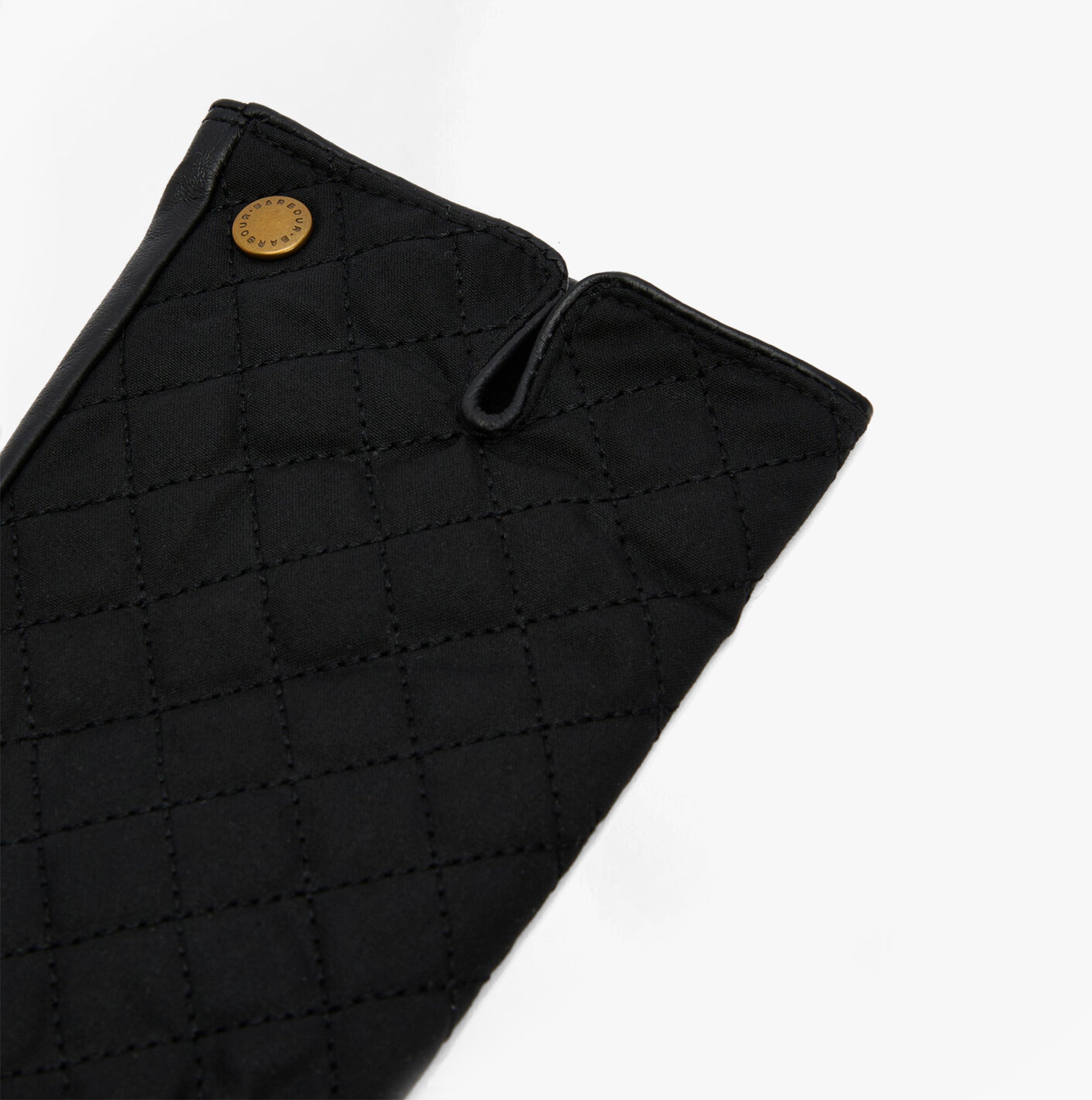 Barbour SCARLET Womens Touchscreen Gloves Black detail view of quilted fabric and branded rivet