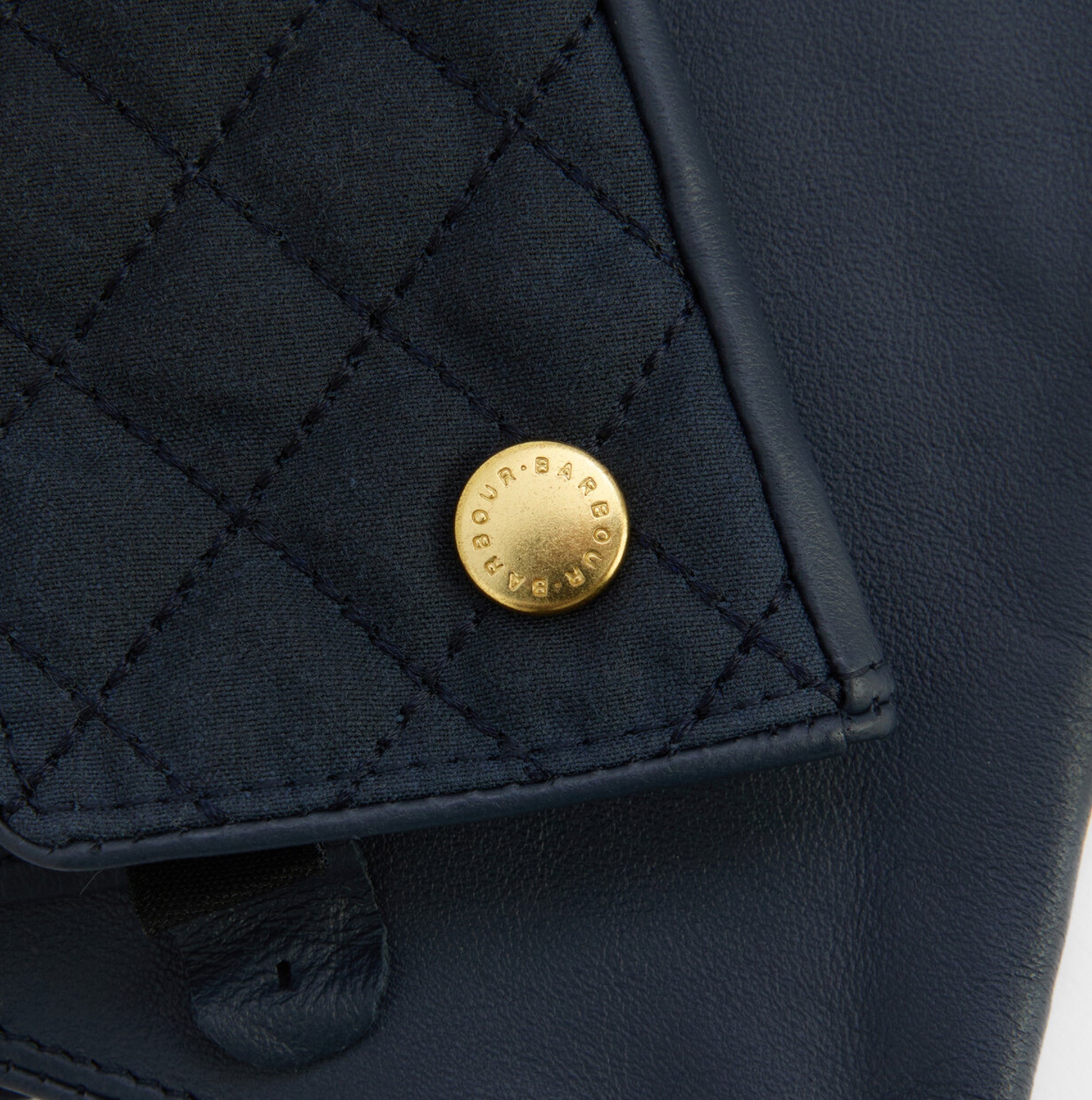 Barbour SCARLET Womens Touchscreen Gloves Navy detail view of quilted fabric and logo rivet