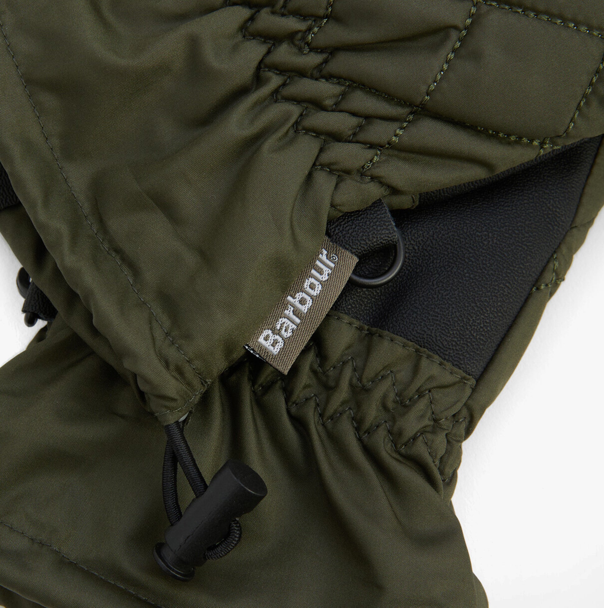 Barbour JONI WATERPROOF Womens Touchscreen Gloves Forest detail view showing woven label and waterproof material.