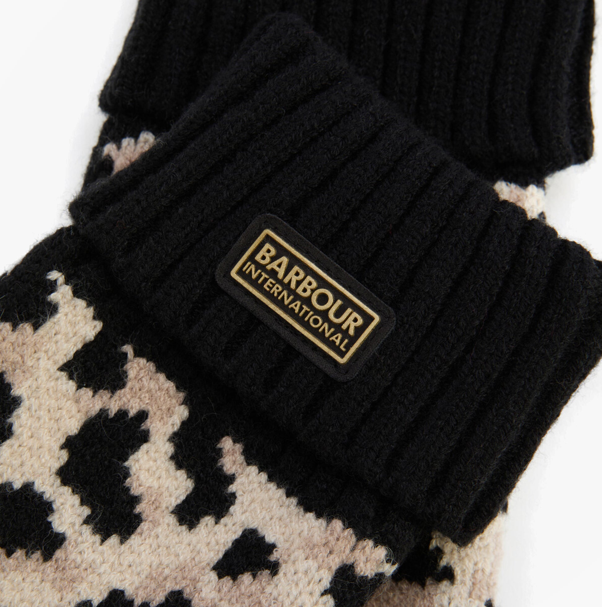 Barbour HARLEY LEOPARD Womens Gloves Jasmine Leopard detail view showcasing leopard pattern and branding.