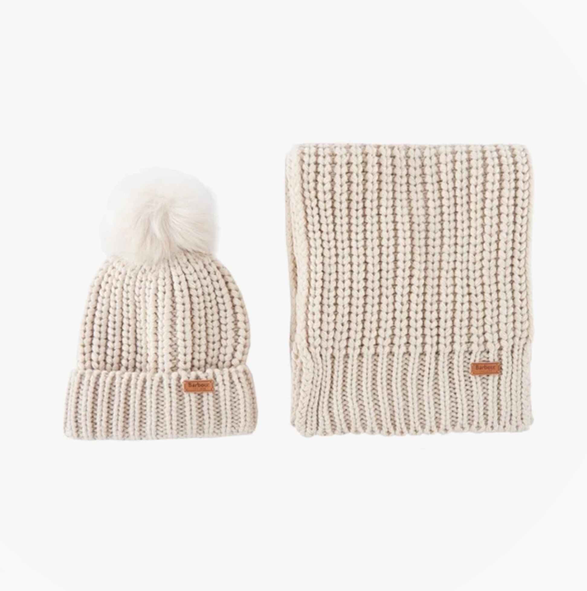 Barbour SALTBURN BEANIE & SCARF Womens Gift Set Pearl, front view, showing pom beanie and matching scarf in soft acrylic.