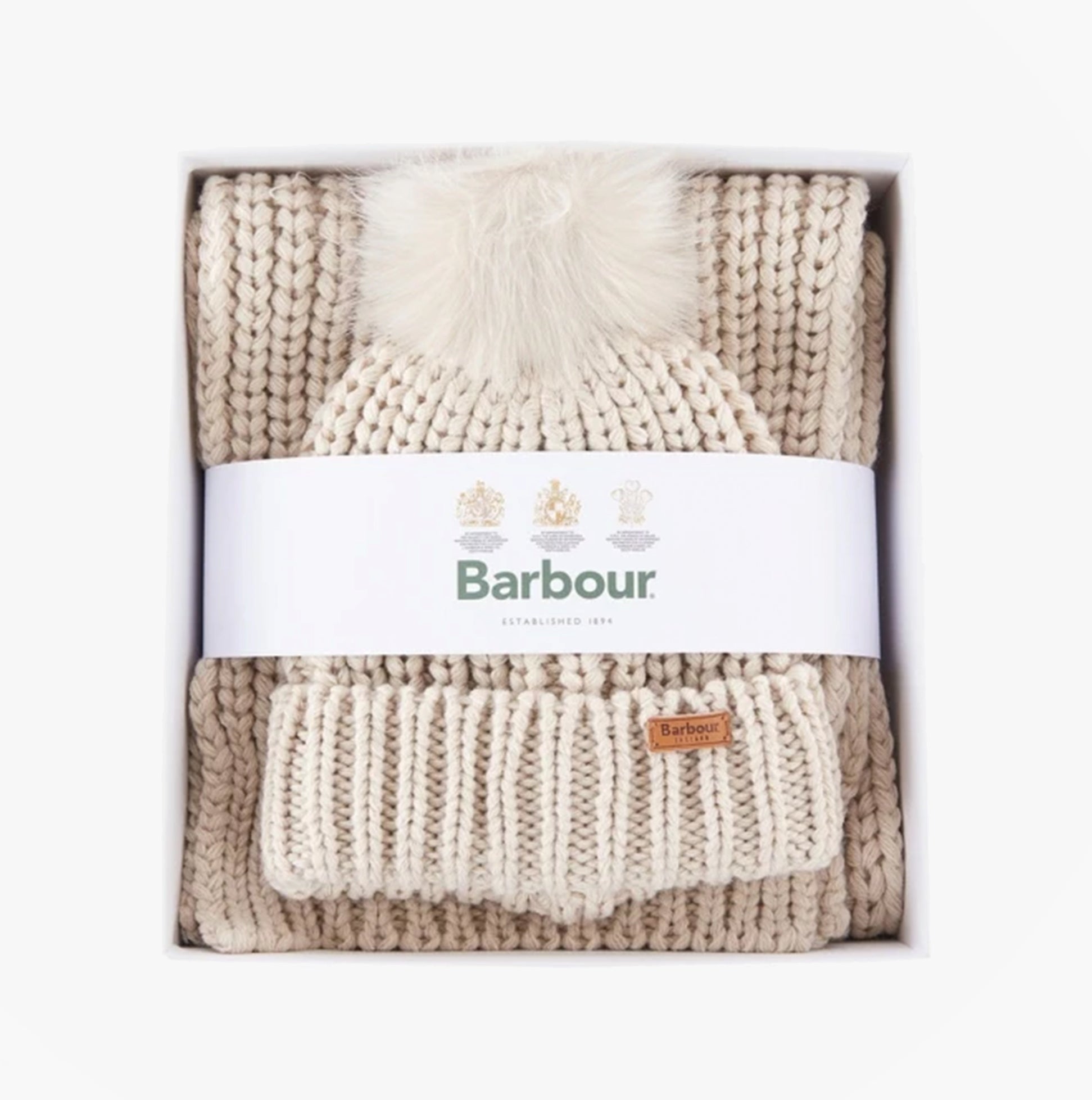 Barbour SALTBURN BEANIE & SCARF Womens Gift Set Pearl in gift box, featuring pom beanie and generously sized scarf.