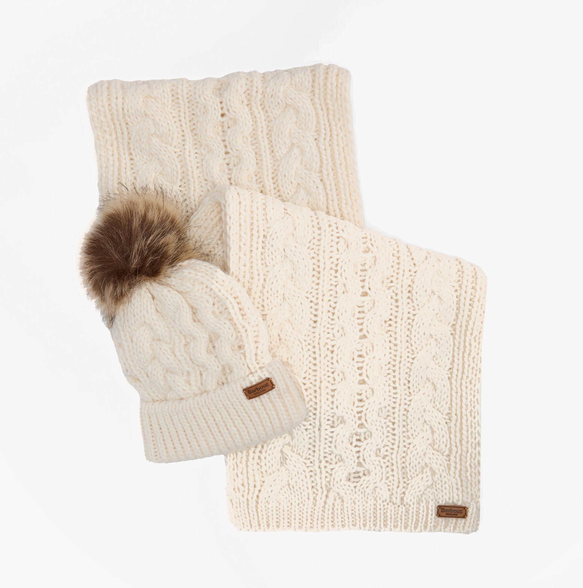 Barbour PENSHAW BEANIE & SCARF Gift Set Womens Cloud, front view with beanie and scarf arranged.