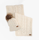Barbour PENSHAW BEANIE & SCARF Gift Set Womens Cloud, front view with beanie and scarf arranged.
