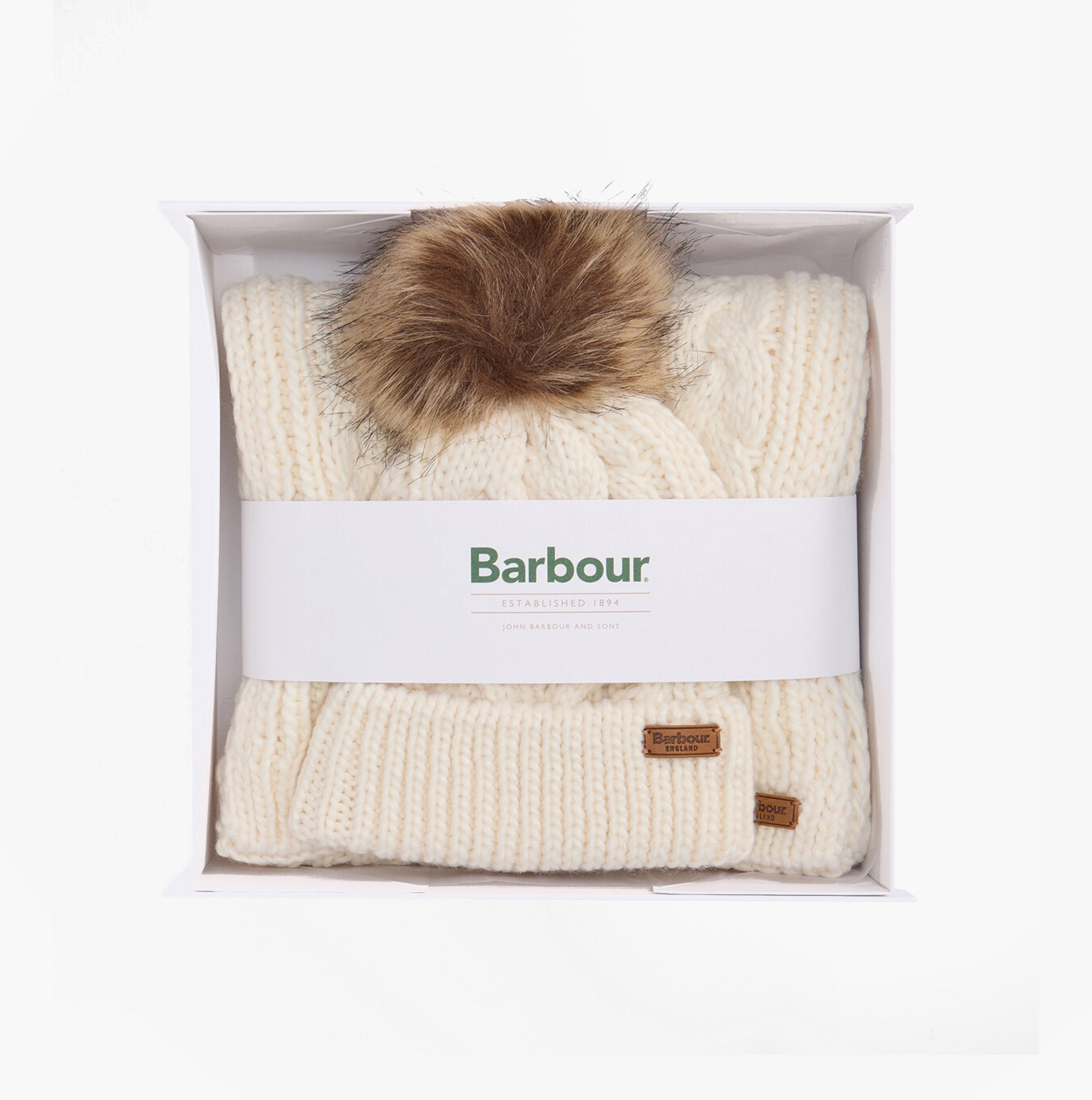 Barbour PENSHAW BEANIE & SCARF Gift Set Womens Cloud, top view in gift box with cream beanie and scarf.
