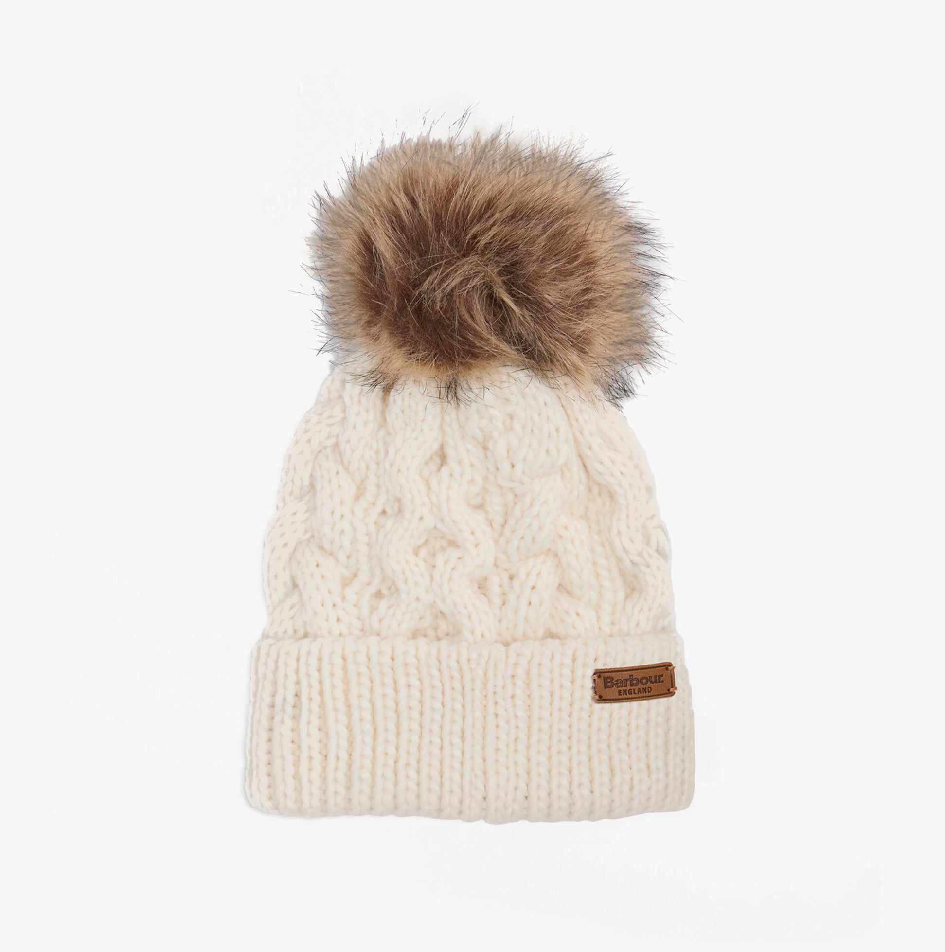 Barbour PENSHAW BEANIE & SCARF Gift Set Womens Cloud front view of cream beanie with faux fur pom pom.