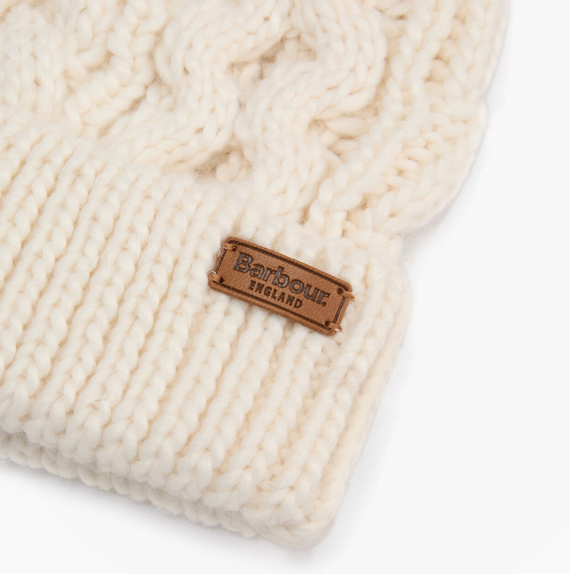 Barbour PENSHAW BEANIE & SCARF Gift Set Womens Cloud close-up detail view of beanie showing knit pattern and logo.