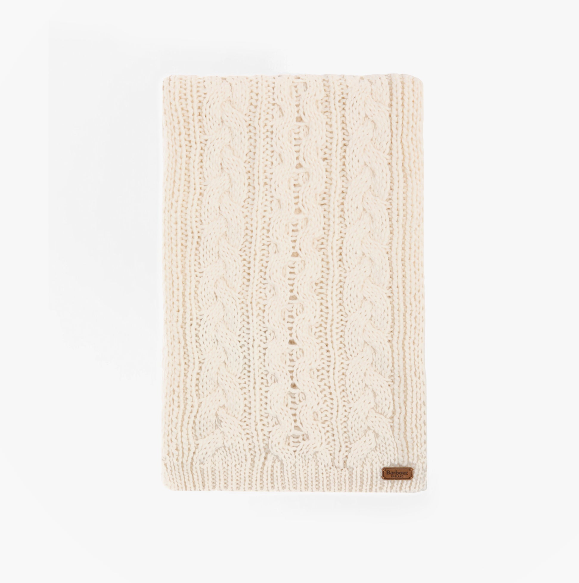 Barbour PENSHAW BEANIE & SCARF Gift Set Womens Cloud detail view of knitted scarf in cream color.