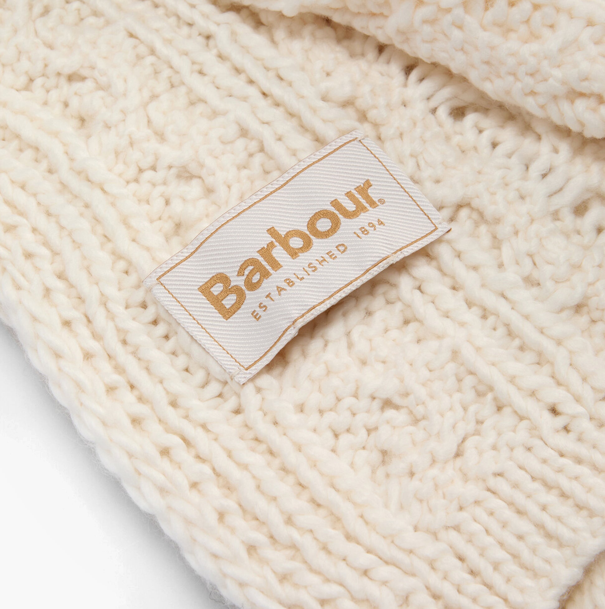 Barbour PENSHAW BEANIE & SCARF Gift Set Womens Cloud close-up view of label on knitted fabric