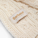 Barbour PENSHAW BEANIE & SCARF Gift Set Womens Cloud close-up view of label on knitted fabric