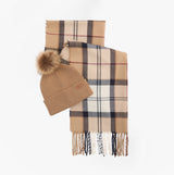 Barbour DOVER BEANIE & HAILES SCARF Gift Set Womens Hessian Tartan front view showcasing beanie and scarf.