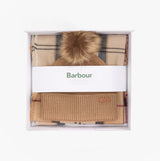 Barbour DOVER BEANIE & HAILES SCARF Gift Set Womens Hessian Tartan, top view in gift box.