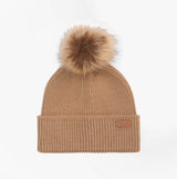 Barbour DOVER BEANIE & HAILES SCARF Gift Set Womens Hessian Tartan front view of beanie with pom pom detail.