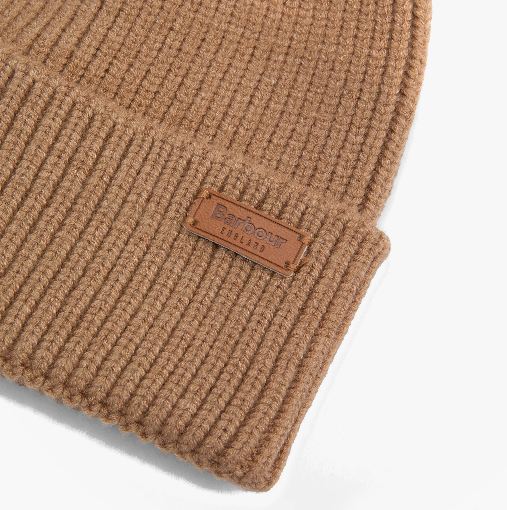 Barbour DOVER BEANIE & HAILES SCARF Gift Set Womens Hessian Tartan close-up view of beanie showing texture and logo detail.