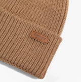 Barbour DOVER BEANIE & HAILES SCARF Gift Set Womens Hessian Tartan close-up view of beanie showing texture and logo detail.