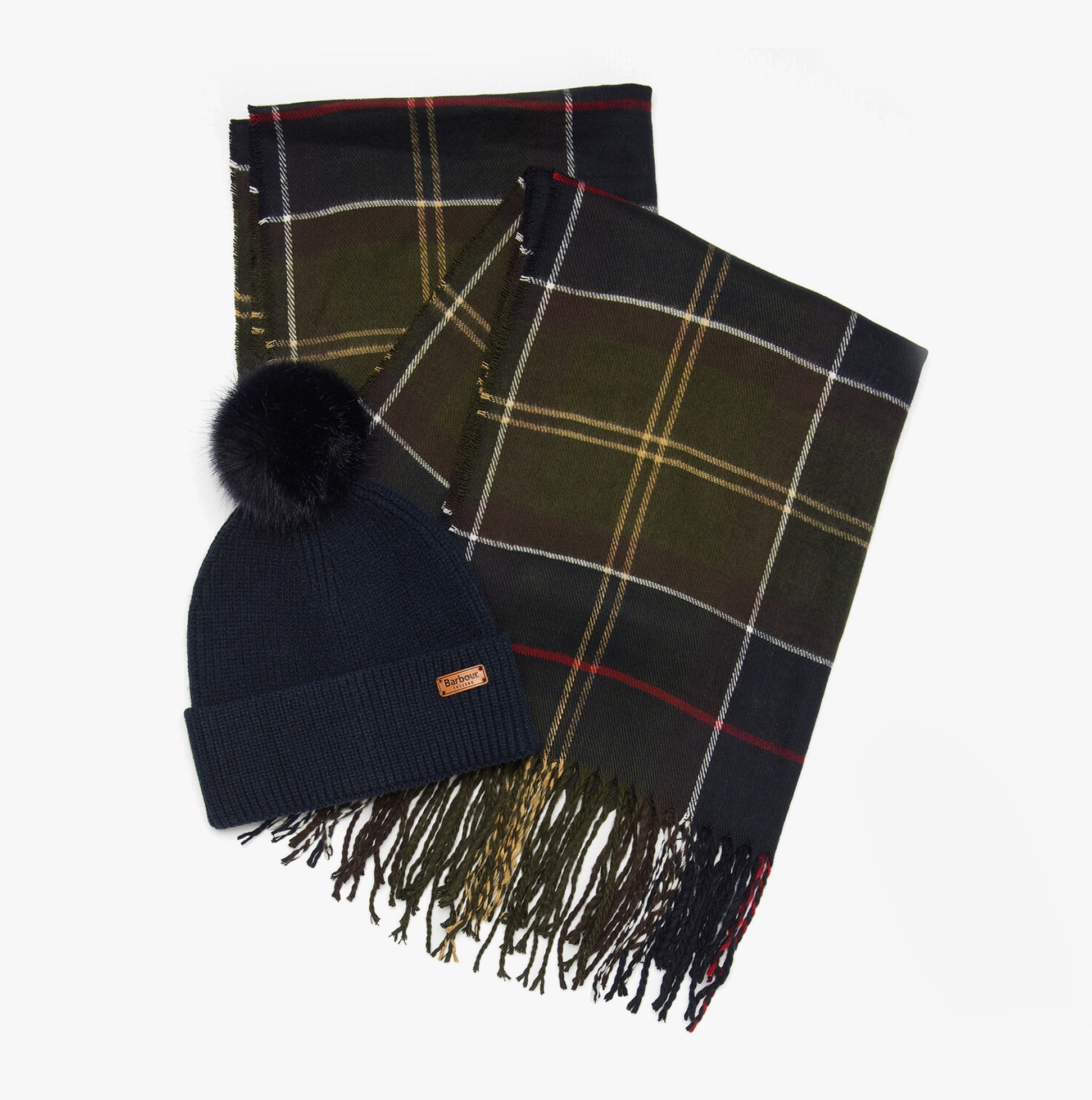 Barbour DOVER BEANIE & HAILES SCARF Womens Gift Set Classic front view showing a beanie and plaid scarf.